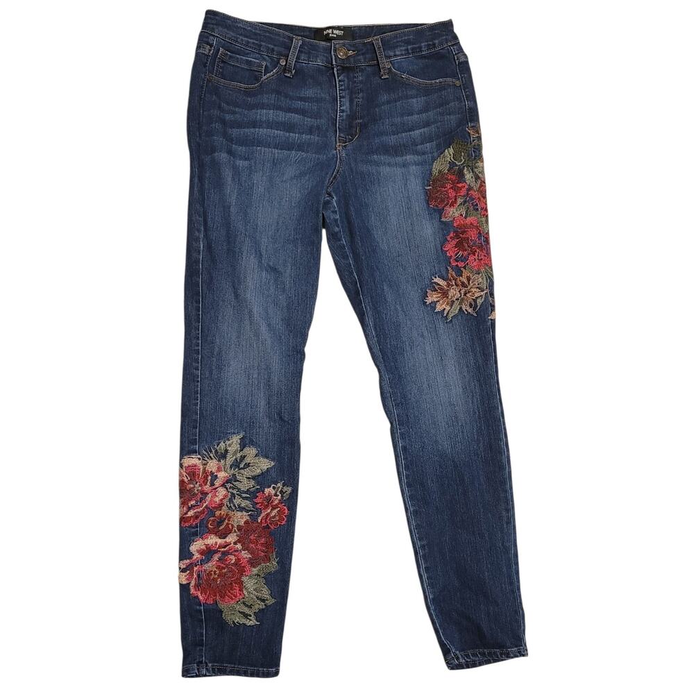 Nine West Womens Embroidered Mid-Rise Gamercy Skinny Ankle Jeans Size 6 EUC